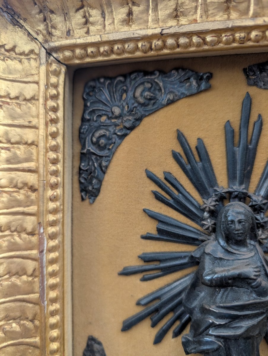 Immagine devozionale genovese in argento entro cornice lignea dorata-photo-3