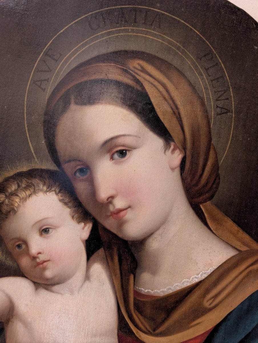 Madonna con Bambino – Dipinto devozionale ovale della fine del XIX secolo-photo-3