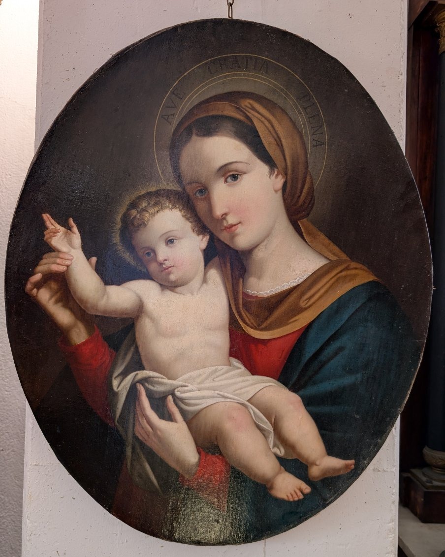 Madonna con Bambino – Dipinto devozionale ovale della fine del XIX secolo-photo-6