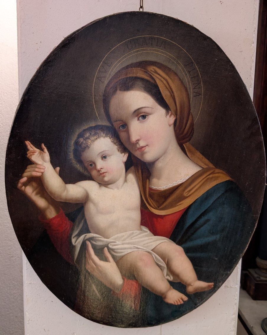 Madonna con Bambino – Dipinto devozionale ovale della fine del XIX secolo