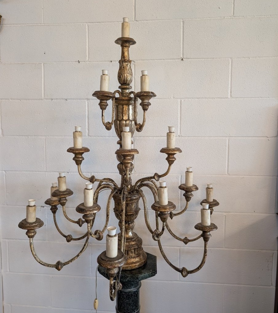 Antico candeliere da chiesa a quindici luci in legno dorato a mecca – Toscana, fine XVIII sec.-photo-1