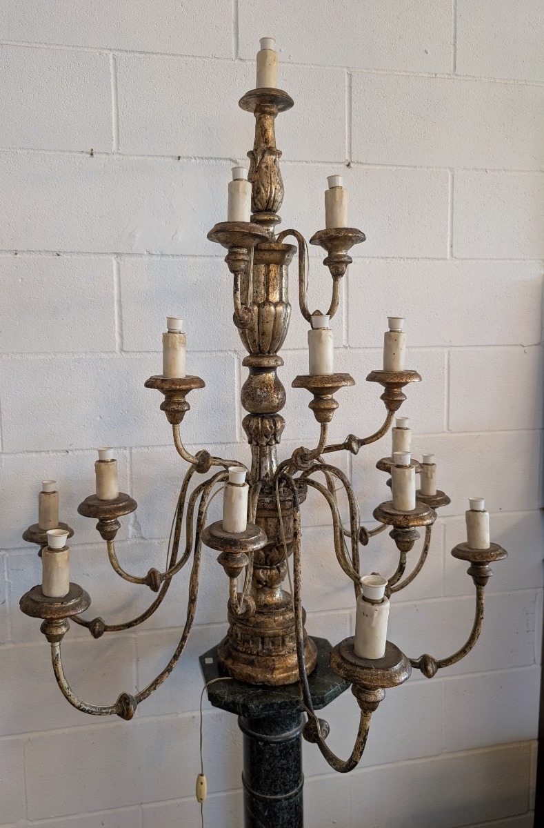 Antico candeliere da chiesa a quindici luci in legno dorato a mecca – Toscana, fine XVIII sec.-photo-7