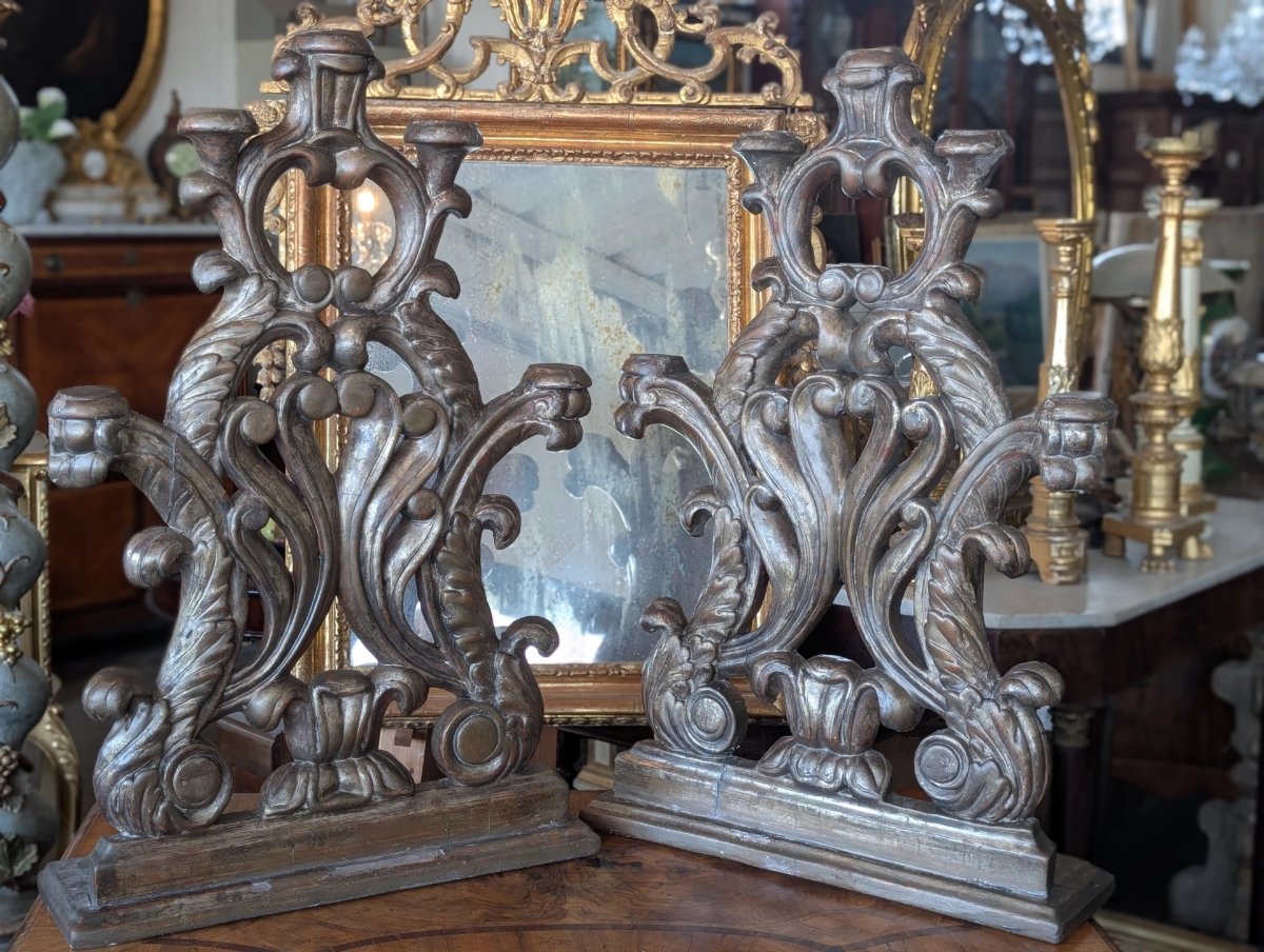 Coppia di candelieri d'altare a cinque luci in legno intagliato e argentato – Toscana, XVIII secolo-photo-4
