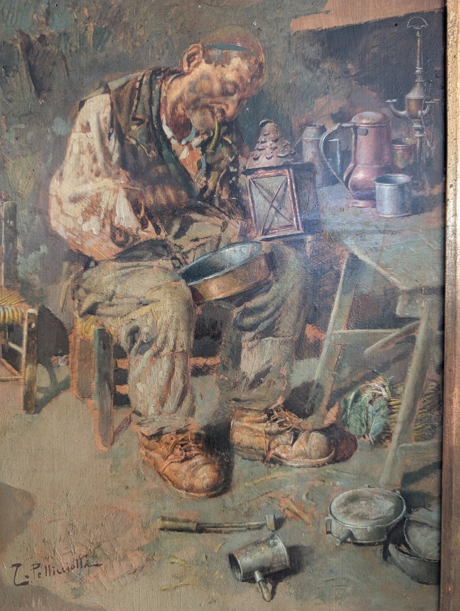 Tito Pellicciotti (1871-1950) – Il ciabattino – Olio su tavoletta