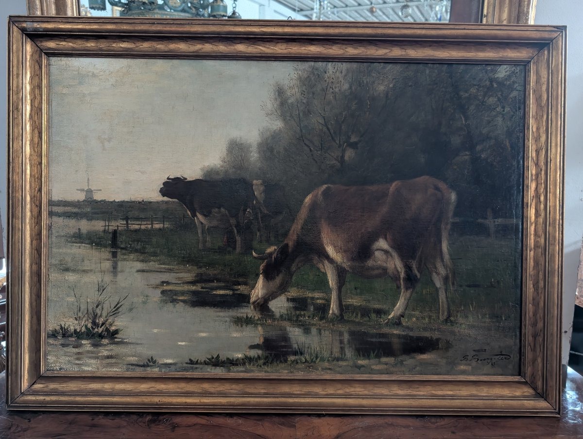 Richard Burnier (1826–1884) Paesaggio olandese con bovini al pascolo-photo-2