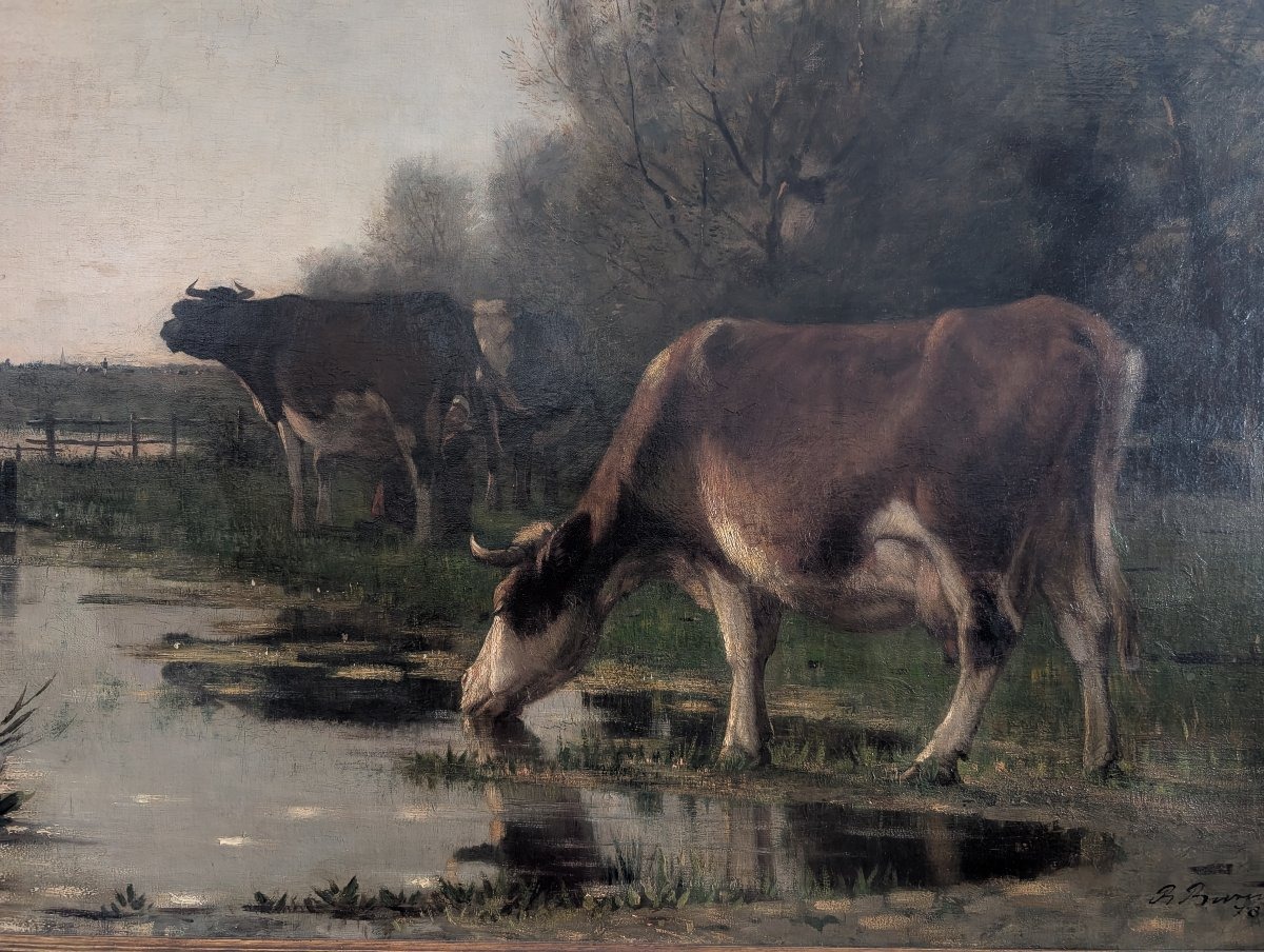 Richard Burnier (1826–1884) Paesaggio olandese con bovini al pascolo