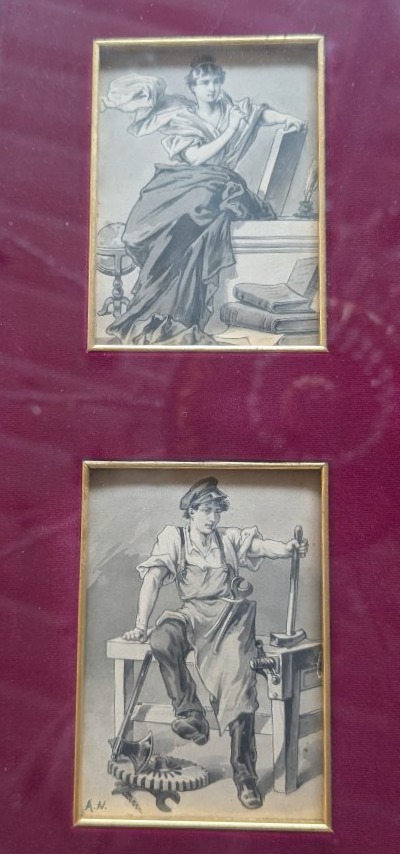Amos Nattini (1892–1985) – Coppia di acquerelli, allegorie della cultura e del lavoro-photo-3