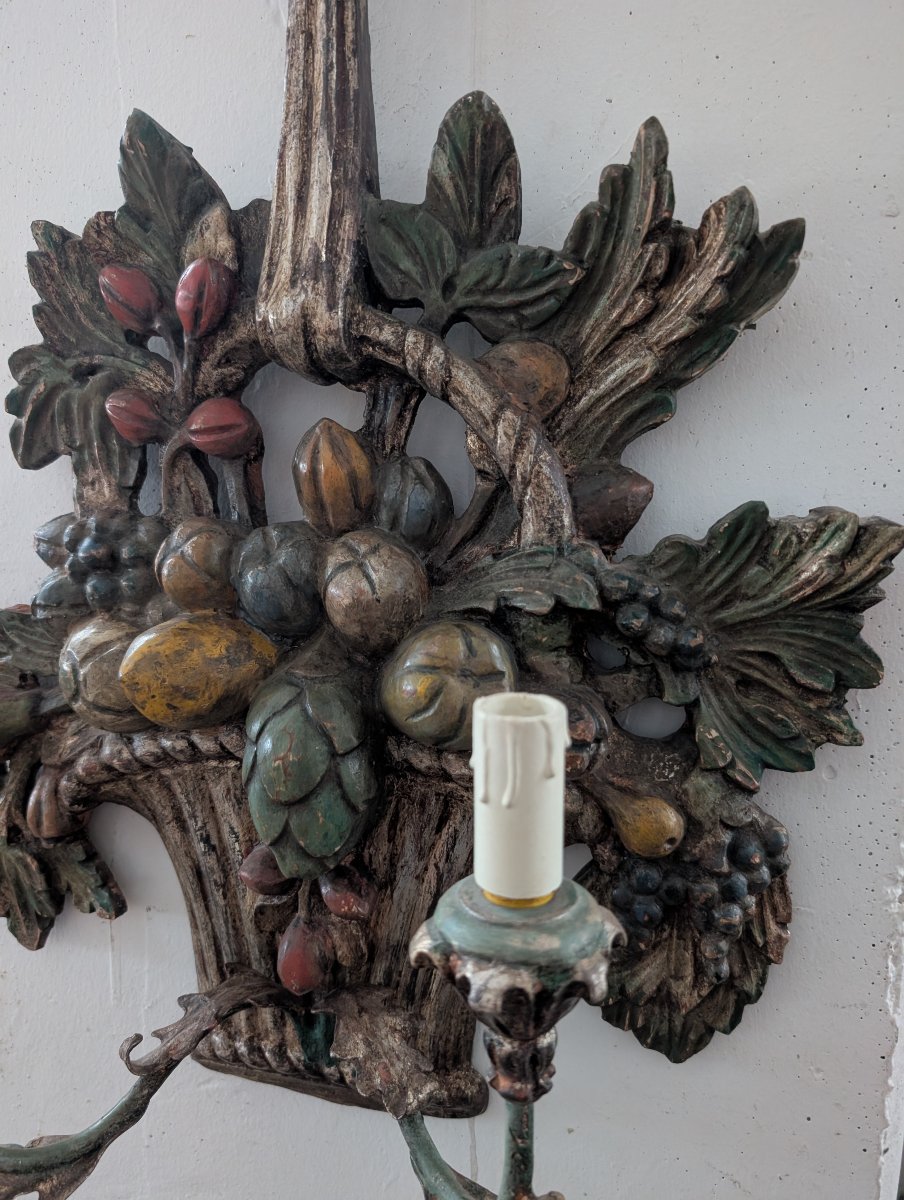 Coppia di applique in legno scolpito, argentato e policromo – Metà XX secolo-photo-5