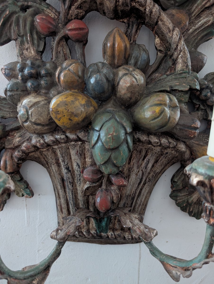 Coppia di applique in legno scolpito, argentato e policromo – Metà XX secolo-photo-6