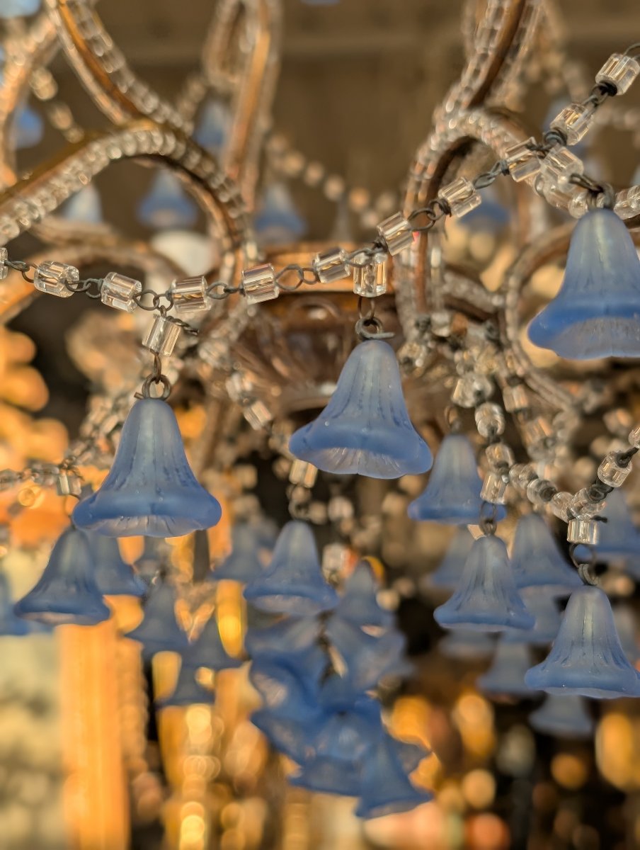 Lampadario a cinque luci con pendenti in vetro blu – Prima metà XX secolo-photo-3