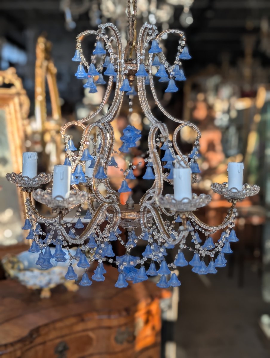 Lampadario a cinque luci con pendenti in vetro blu – Prima metà XX secolo-photo-1