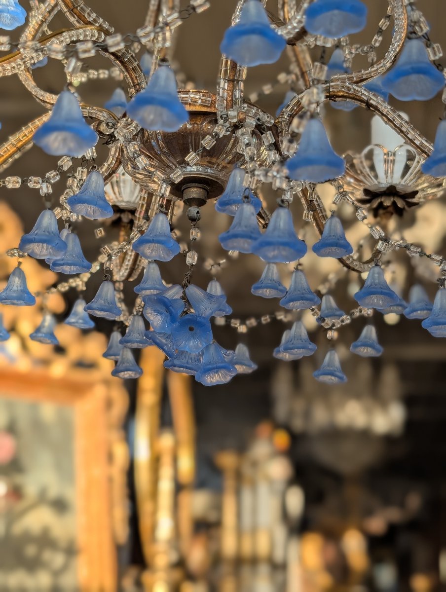 Lampadario a cinque luci con pendenti in vetro blu – Prima metà XX secolo-photo-2