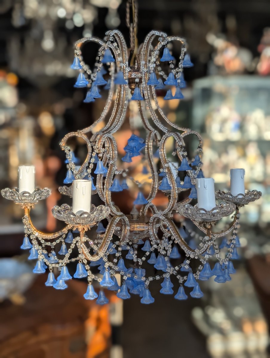 Lampadario a cinque luci con pendenti in vetro blu – Prima metà XX secolo-photo-4