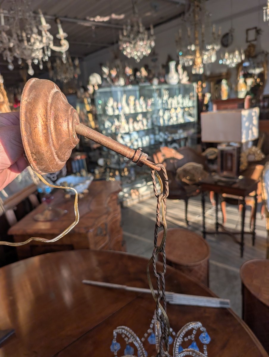 Lampadario a cinque luci con pendenti in vetro blu – Prima metà XX secolo-photo-5