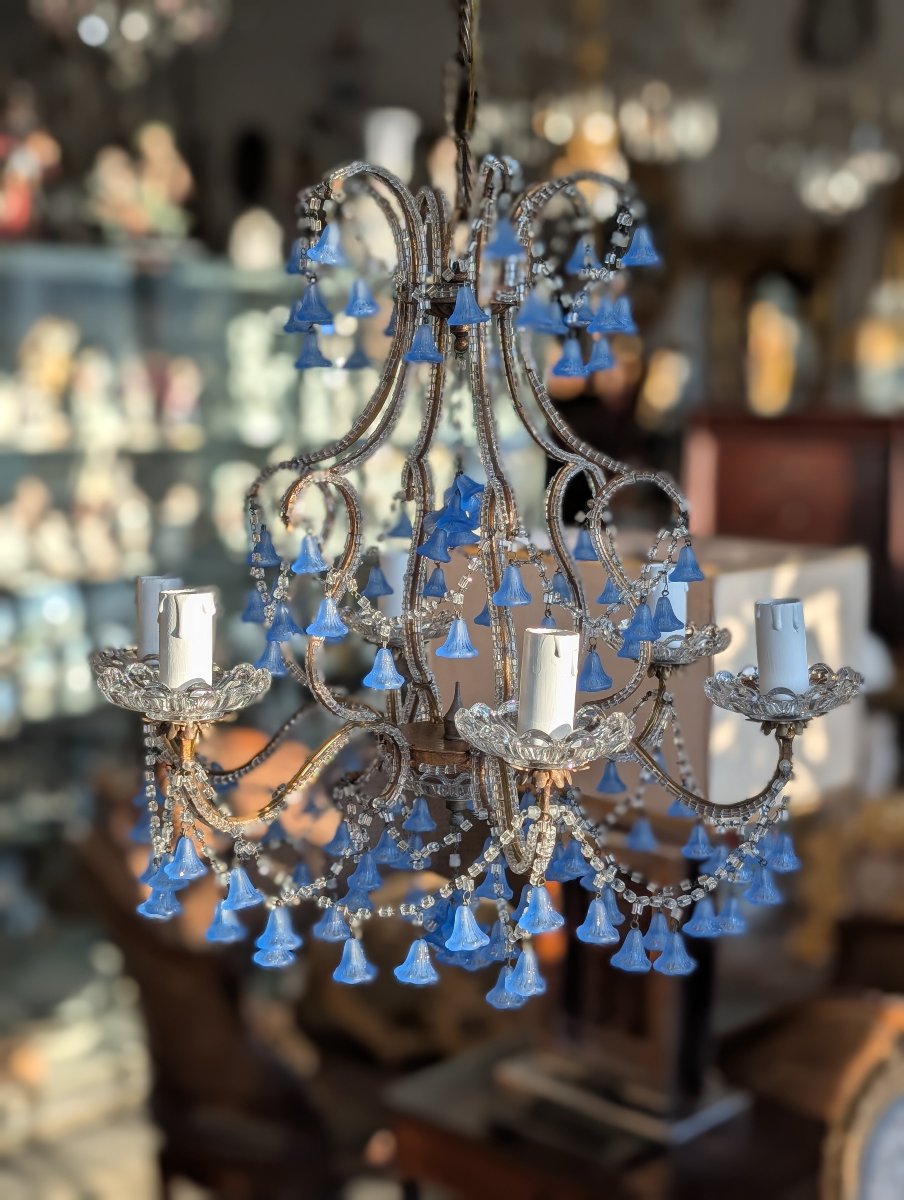 Lampadario a cinque luci con pendenti in vetro blu – Prima metà XX secolo