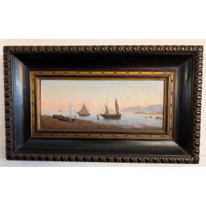 Marina con imbarcazioni e figure sulla riva Olio su tela, XIX secolo
