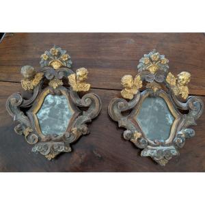 Coppia Specchierine con Putti Legno Dorato e Argentato XIX