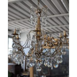 Lampadario genovese in legno intagliato e dorato, XVIII secolo con cristalli, prima metà 900