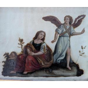 Dipinto olio su vetro raffigurante la Sacra Famiglia con angelo – fine XVIII secolo