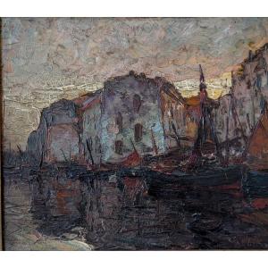 Louis Bonamici, port animé, huile sur panneau, 42 x 33 cm