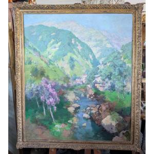 Giuseppe Pesa – Grande Paesaggio Montano con Torrente, Olio su Tela, XX Secolo
