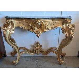 Grande Consolle Toscana Dorata Con Piano In Marmo Verde Alpi – XIX Secolo