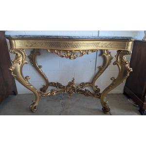 Grande Consolle Rococò Dorata Con Piano In Marmo, Fine XIX - Inizio XX Secolo