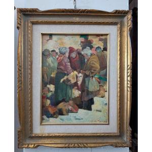 Giulio Da Vicchio (1925-2004) – "Mercato", olio su tela, cm 30x40