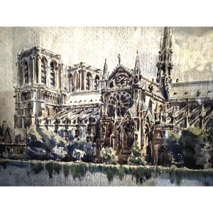 Notre-dame De Paris, Watercolor By Turbeaux, 1924.
