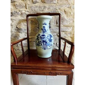 19th Century Chinese Vase, Blue On Celadon Background, 45 Cm Tall, In Perfect Condition.