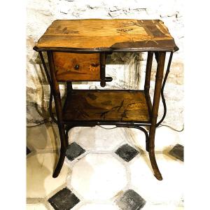 Art Nouveau Table, Bamboo And Marquetry, Late 19th Century.