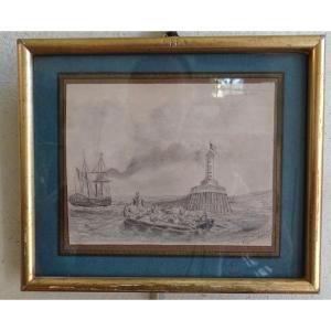 Graphite Drawing, Marine Scene, Early 19th Century