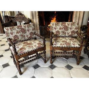 Pair Of Louis XIII Style Armchairs, In Solid Carved Oak And Tapestry