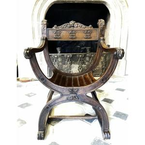 Curule Chair Or Dagobert, Solid Walnut, 19th Century.
