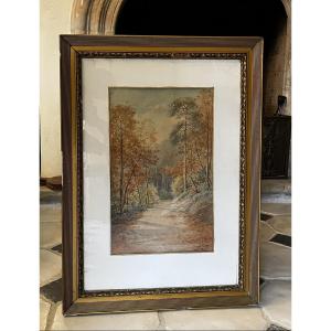 Watercolor "path Through The Undergrowth" By Mathieu Kohler, 19th Century