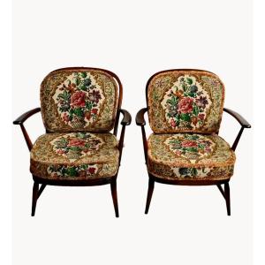 Couple Of Ercol Armchairs - Original Tapestry