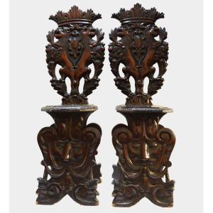 Two Sgabello Chairs – Renaissance Style In Walnut – 1880