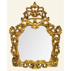 Large Antique Wall Mirror In Carved And Gilded Wood – Baroque Style – Late 19th / Early 20th Century