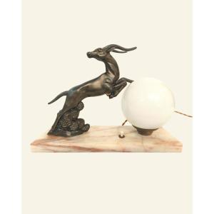 Art Deco Table Lamp – Metal Bowl, Marble Base And Opaline Glass Globe – 20th Century