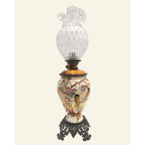 Table Lamp In Porcelain Decorated With Birds And Flowers, With Kosmos Brenner Burner,