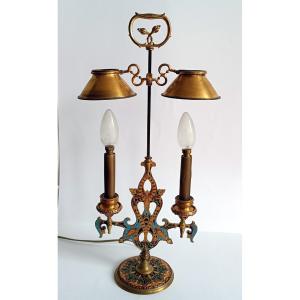 Barbedienne, Rare Bronze And Cloisonné Enamel Lamp