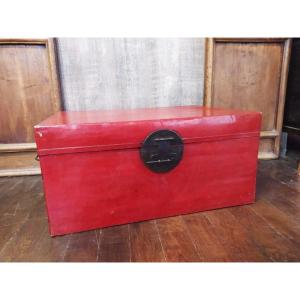 Antique Chinese Red Lacquered Leather Trunk