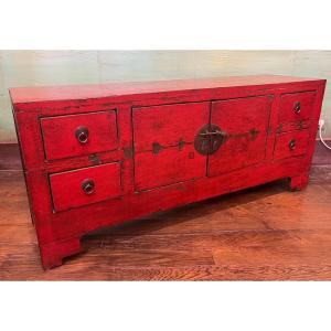 Antique Chinese Red Lacquered Low Cabinet