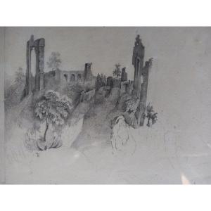 Romantic Drawing Of A Ruined Castle By Théodore Ravanat (1812-1883)