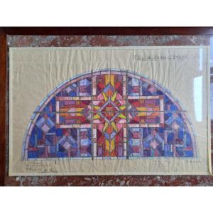 Model Of Stained Glass, Atelier Lorrain Charles Krieger Successor Of Georges Janin.