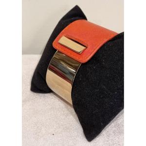 Hermès Leather And Gold Metal Cuff Bracelet