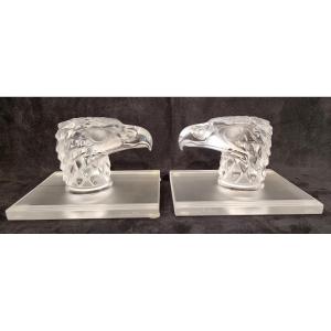 Lalique Pair Of Crystal Eagle Bookends With Boxes