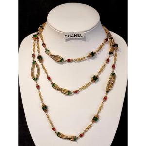 Chanel By Gripoix Long Necklace Golden Crystal Color Circa 1965