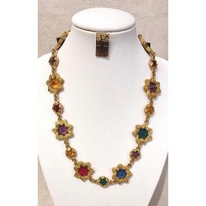 Ysl Yves Saint Laurent Gold Metal And Colored Stones Necklace