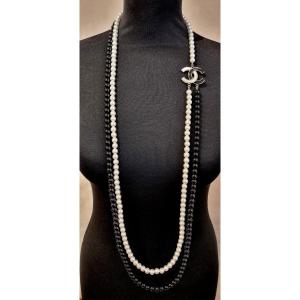 Chanel 2 Row Necklace With Pearly & Black Glass Beads
